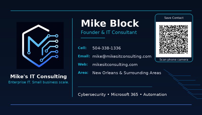 Mike Block — Mike's IT Consulting business card with contact info and QR code