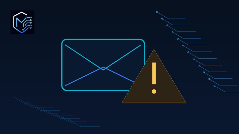 Ilustración de ciberseguridad con un correo sospechoso y un símbolo de alerta sobre un fondo tecnológico azul oscuro.